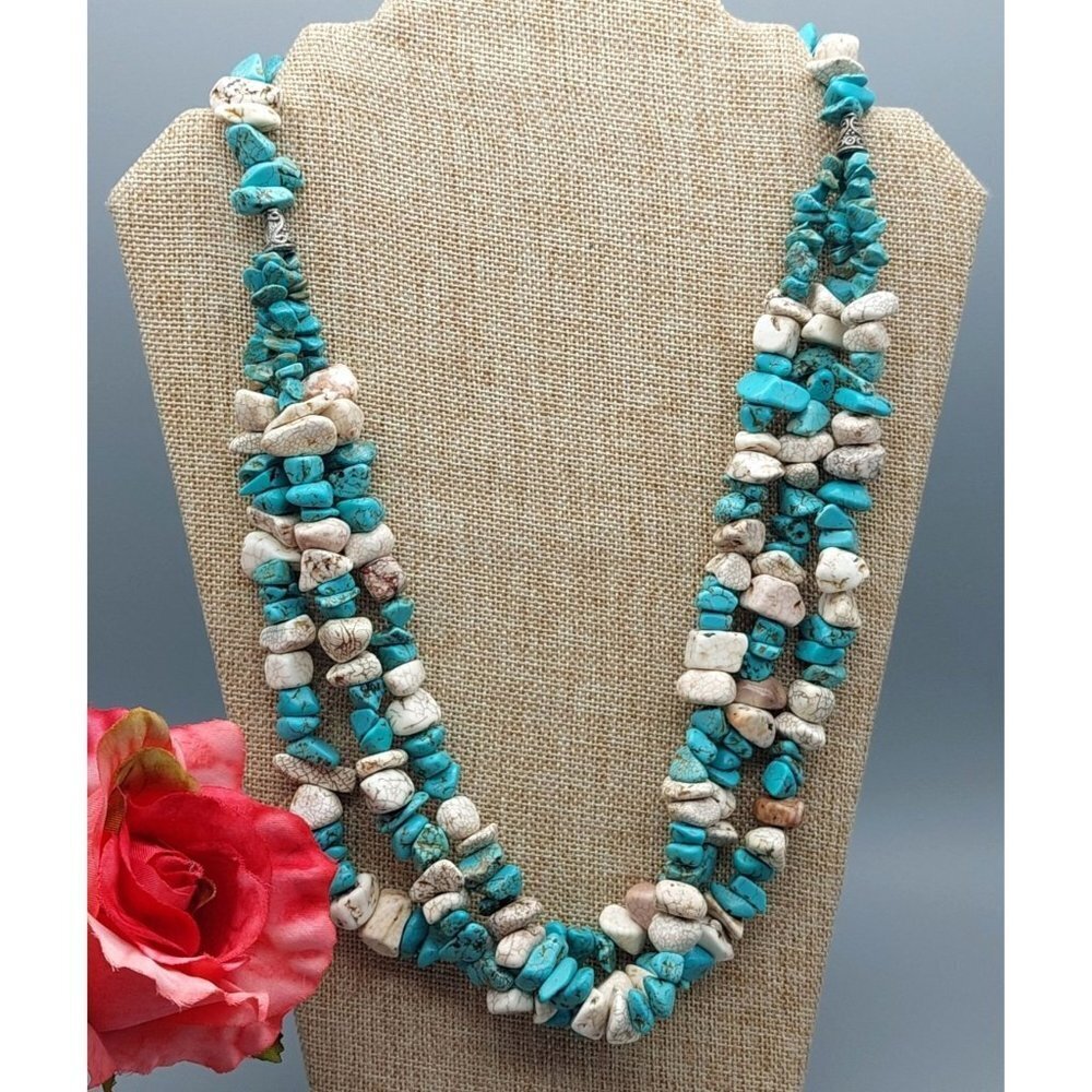 Stone Multi Strand Artisan Statement Necklace & H… - image 3